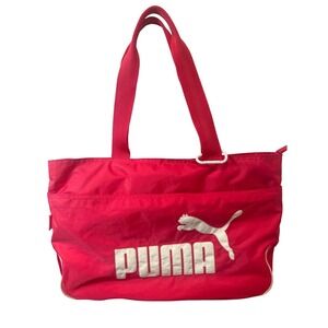 Puma Pink Nylon Logo Tote Bag Large Zippered Gym Travel Shoulder Bag Sporty